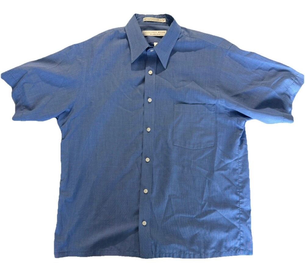 Vintage Geoffrey Beene Mens 15.5 Blue Short Sleeve Button Up Shirt USA Wrinkle
